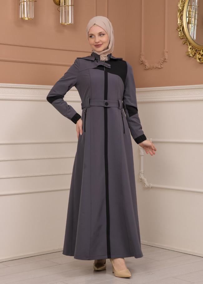 Belted Zippered Parachute Hooded Topcoat 1227 - Antrasıt