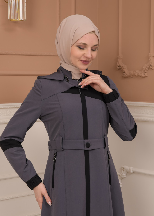 Belted Zippered Parachute Hooded Topcoat 1227 - Antrasıt