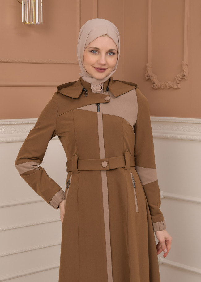 Belted Zippered Parachute Hooded Topcoat 1227 - tan
