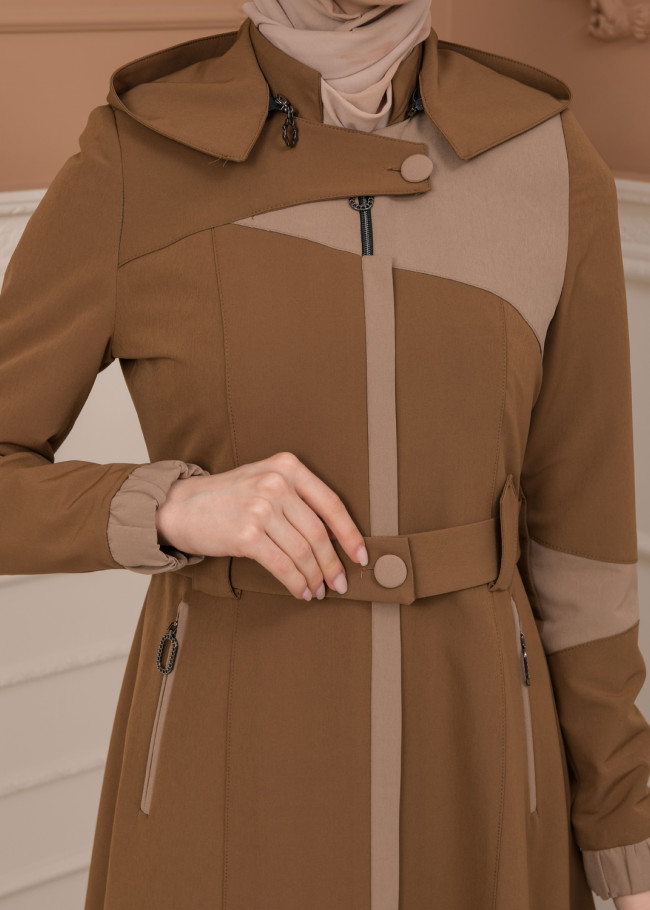 Belted Zippered Parachute Hooded Topcoat 1227 - tan