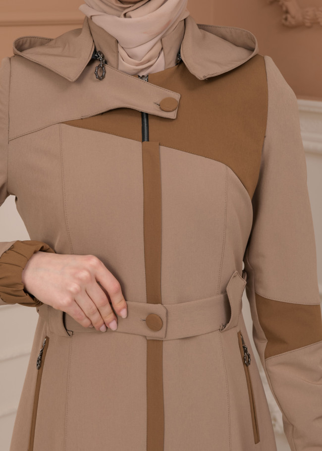 Belted Zippered Parachute Hooded Topcoat 1227 - light brown