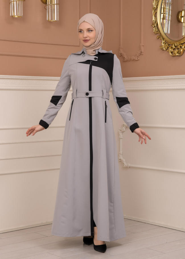 Belted Zippered Parachute Hooded Topcoat 1227 - gray