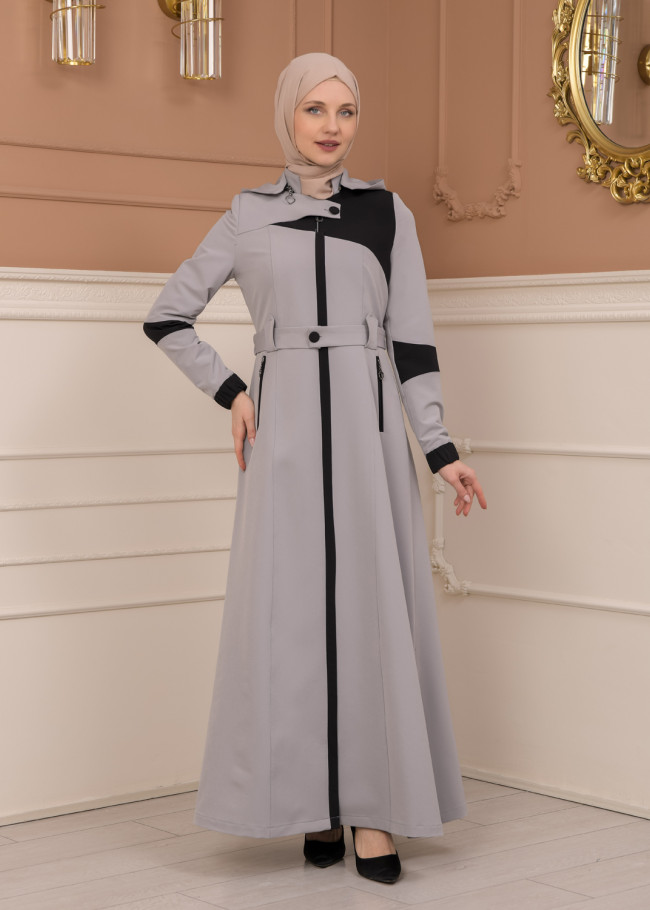 Belted Zippered Parachute Hooded Topcoat 1227 - gray