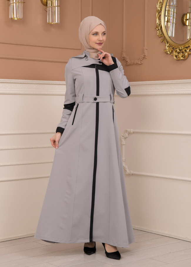 Belted Zippered Parachute Hooded Topcoat 1227 - gray