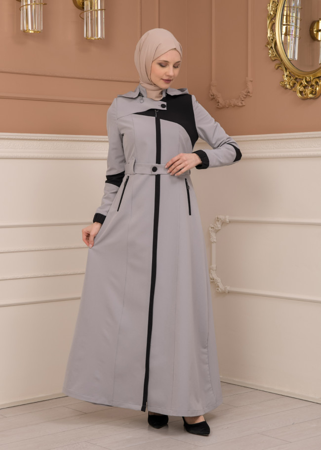 Belted Zippered Parachute Hooded Topcoat 1227 - gray