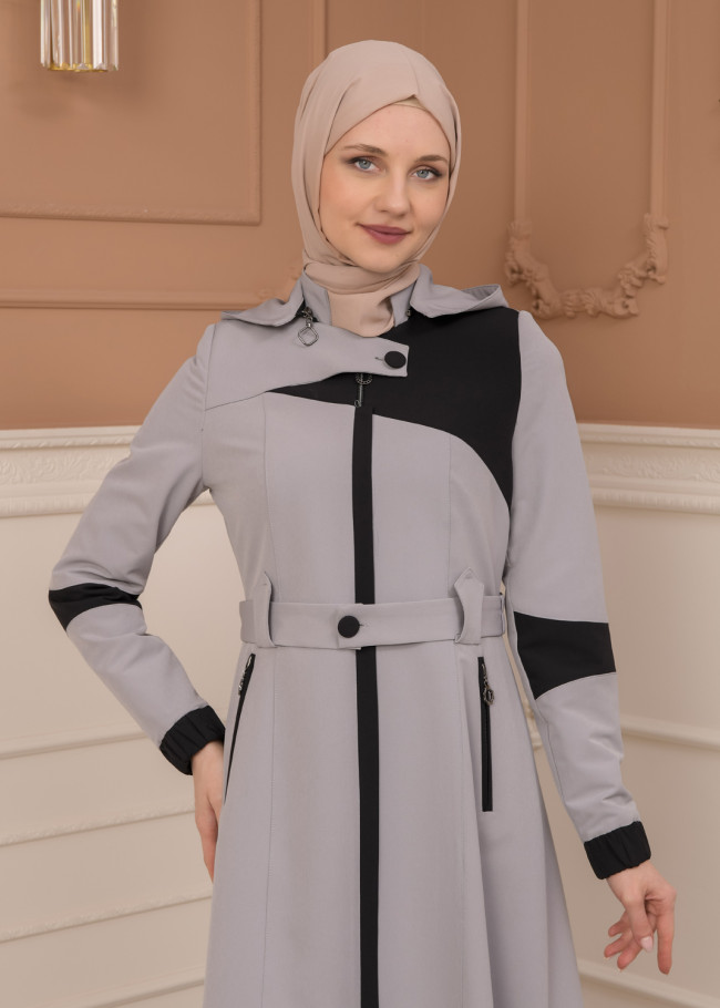 Belted Zippered Parachute Hooded Topcoat 1227 - gray