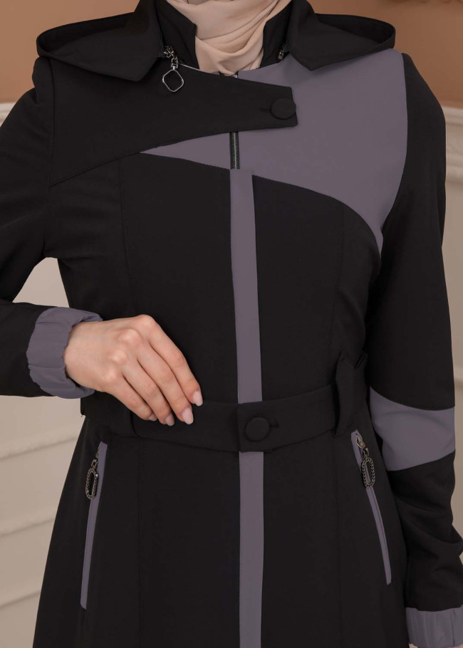 Belted Zippered Parachute Hooded Topcoat 1227 - dark Anthracite
