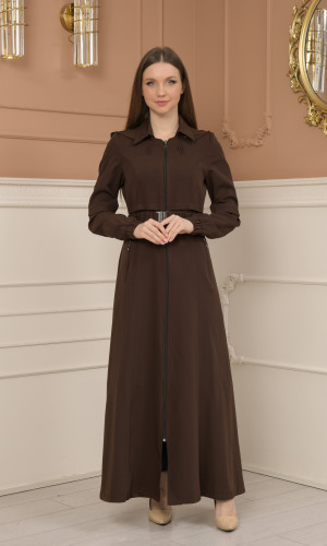 Belted Zippered Prada Hooded Abaya Dress 1228 - Braun