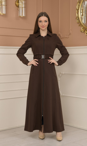 Belted Zippered Prada Hooded Abaya Dress 1228 - Braun