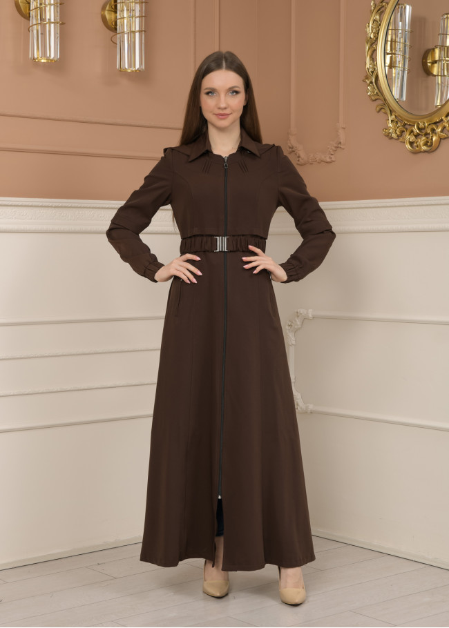 Belted Zippered Prada Hooded Abaya Dress 1228 - brown
