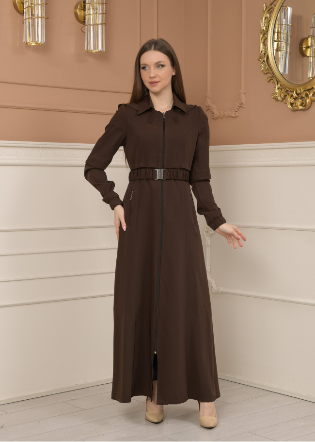 Belted Zippered Prada Hooded Abaya Dress 1228 - brown