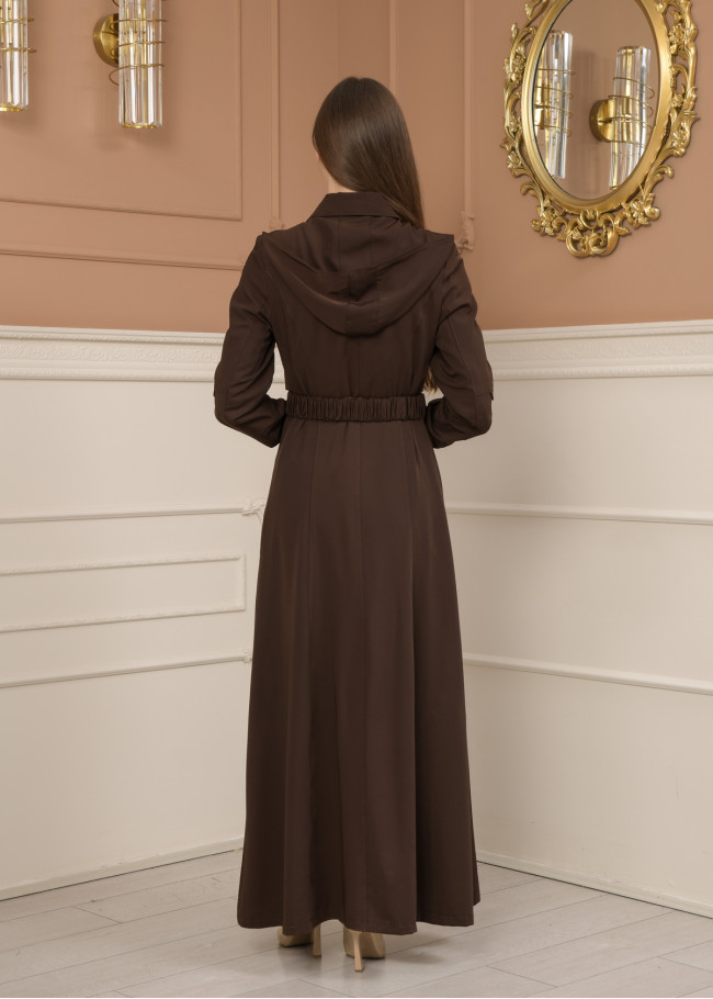Belted Zippered Prada Hooded Abaya Dress 1228 - brown