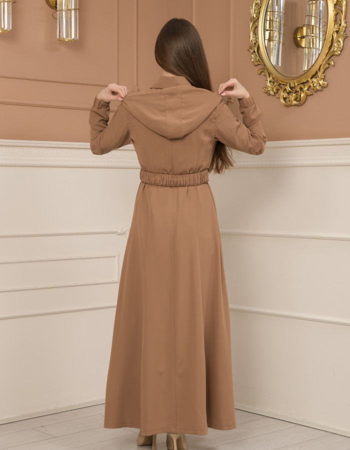 Belted Zippered Prada Hooded Abaya Dress 1228 - beige