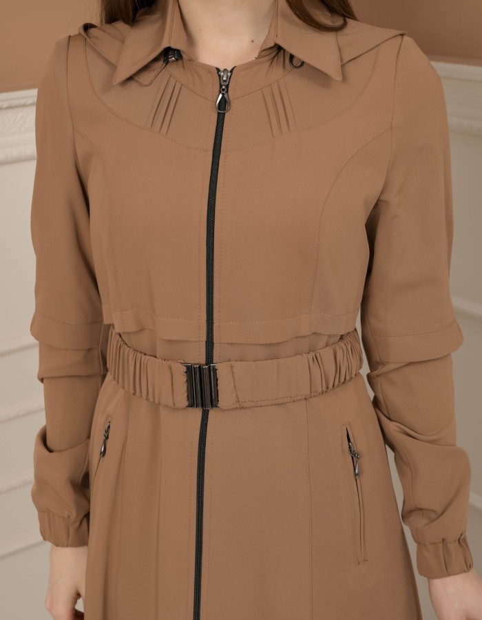 Belted Zippered Prada Hooded Abaya Dress 1228 - beige