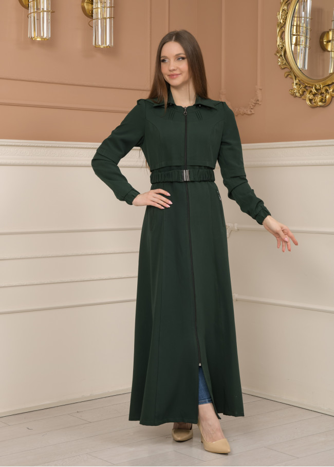 Belted Zippered Prada Hooded Abaya Dress 1228 - green