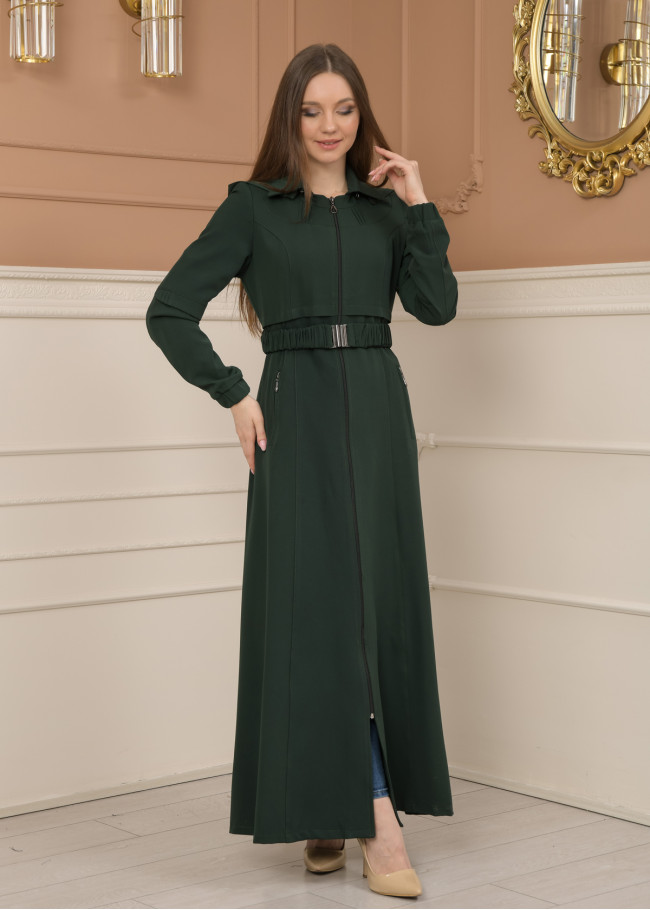 Belted Zippered Prada Hooded Abaya Dress 1228 - green