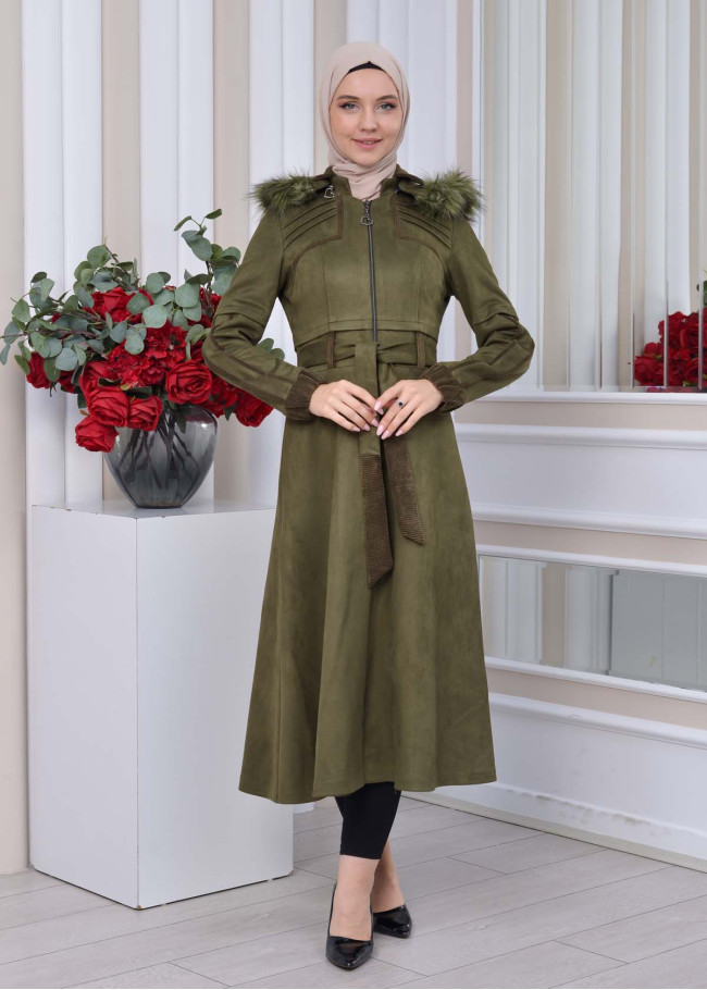 Belted Hooded Fur Suede Trench Coat 1339 Haki