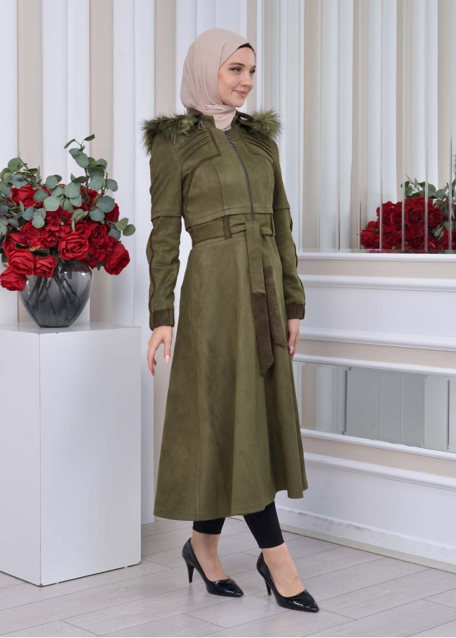 Belted Hooded Fur Suede Trench Coat 1339 Haki