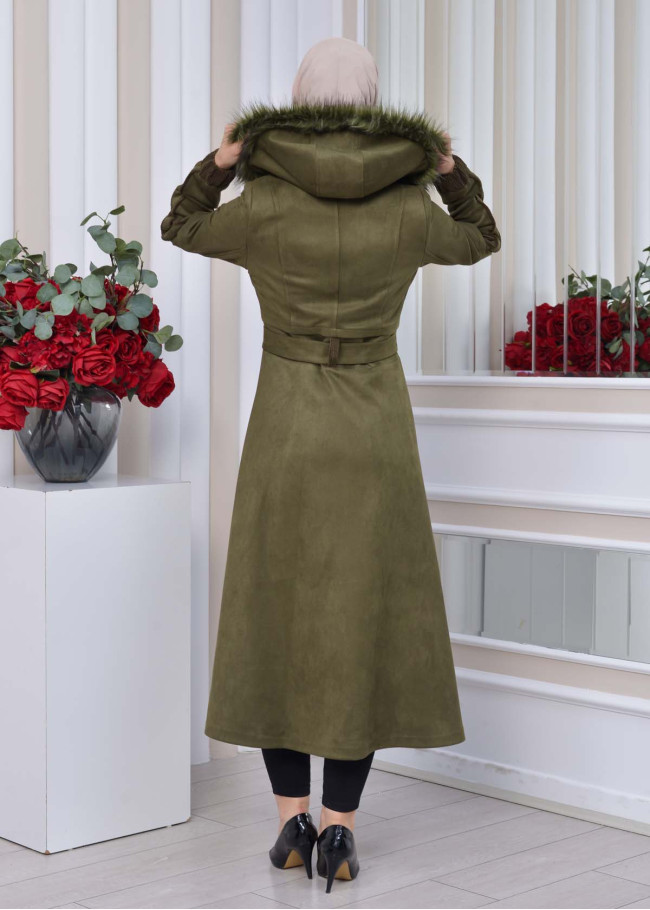 Belted Hooded Fur Suede Trench Coat 1339 Haki