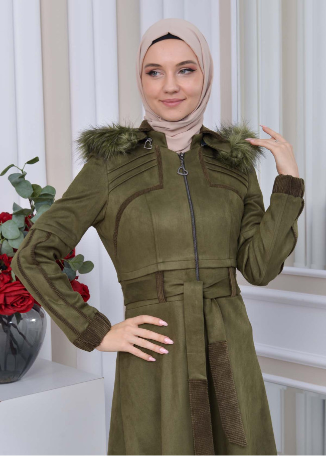 Belted Hooded Fur Suede Trench Coat 1339 Haki