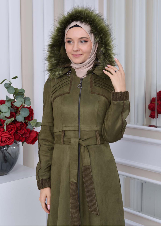Belted Hooded Fur Suede Trench Coat 1339 Haki