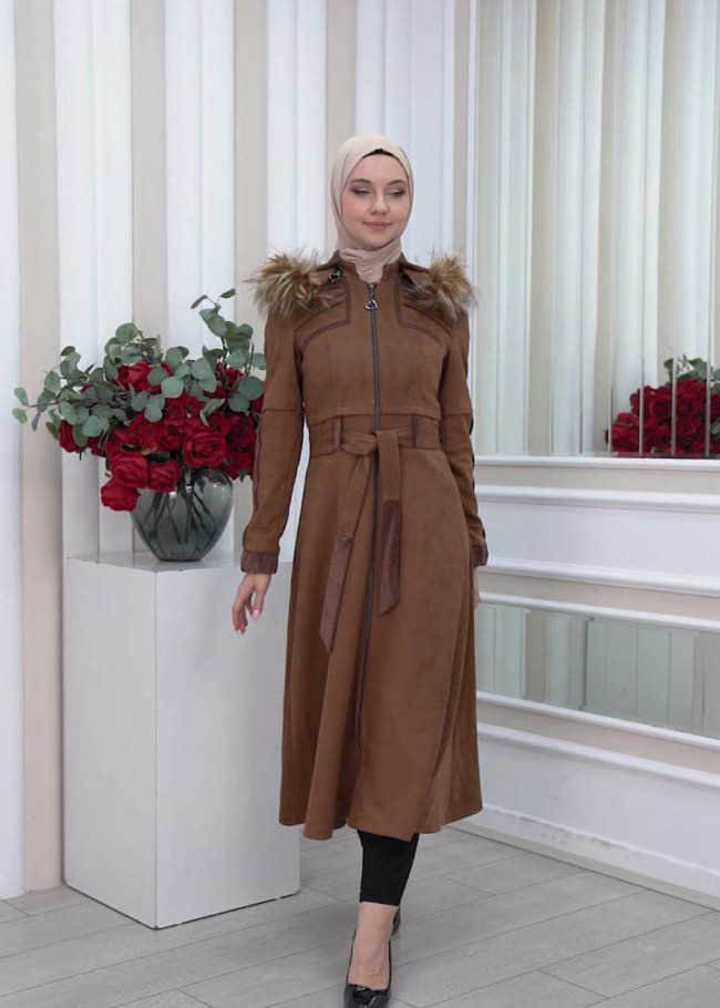 Belted Hooded Fur Suede Trench Coat 1339 taba