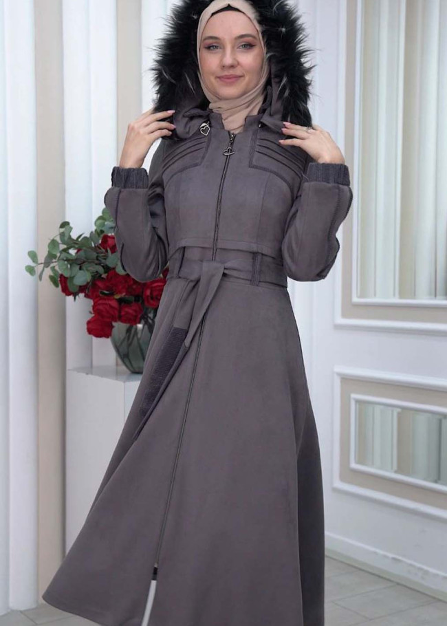 Belted Hooded Fur Suede Trench Coat 1339 Gri