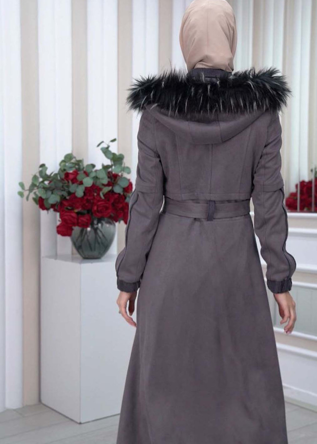 Belted Hooded Fur Suede Trench Coat 1339 Gri
