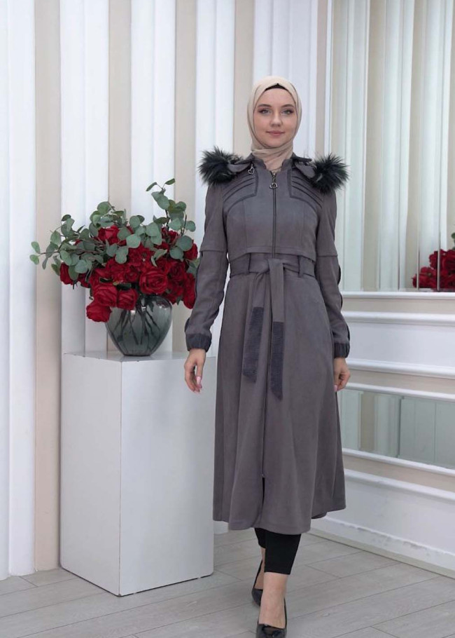Belted Hooded Fur Suede Trench Coat 1339 Gri