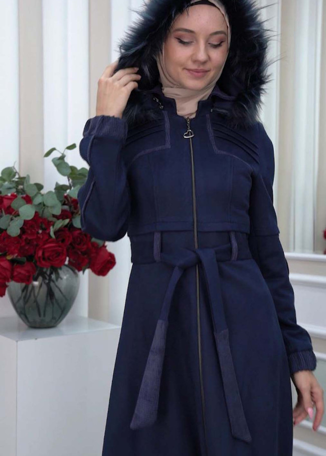 Belted Hooded Fur Suede Trench Coat 1339 Lacivert