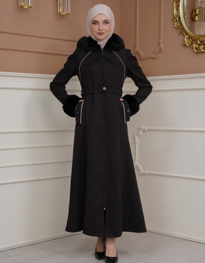 FURRY SLEEVE AND HOOD HIJAB TOPCOAT 1356 Siyah