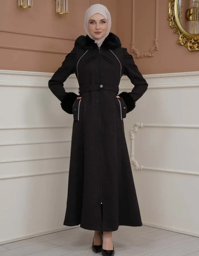 Long Wool Coat with Fur Hood and Fur Sleeves 1356 - black - HIJAB