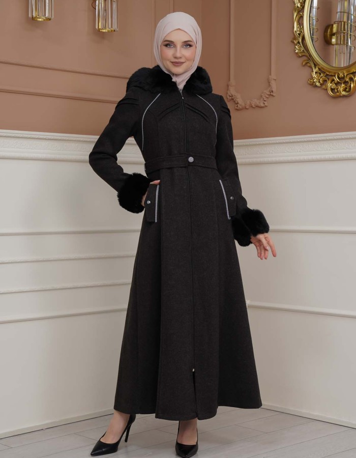 FURRY SLEEVE AND HOOD HIJAB TOPCOAT 1356 Siyah