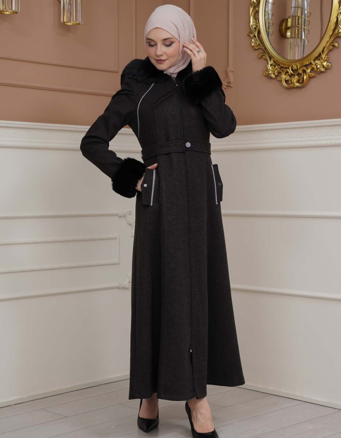 FURRY SLEEVE AND HOOD HIJAB TOPCOAT 1356 Siyah