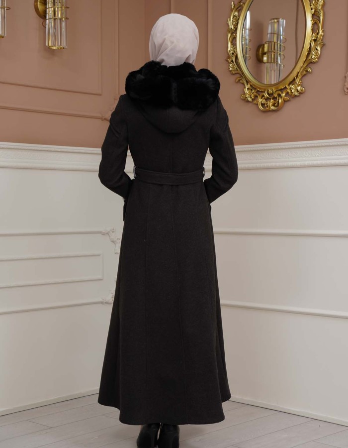 FURRY SLEEVE AND HOOD HIJAB TOPCOAT 1356 Siyah