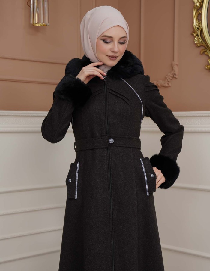 FURRY SLEEVE AND HOOD HIJAB TOPCOAT 1356 Siyah