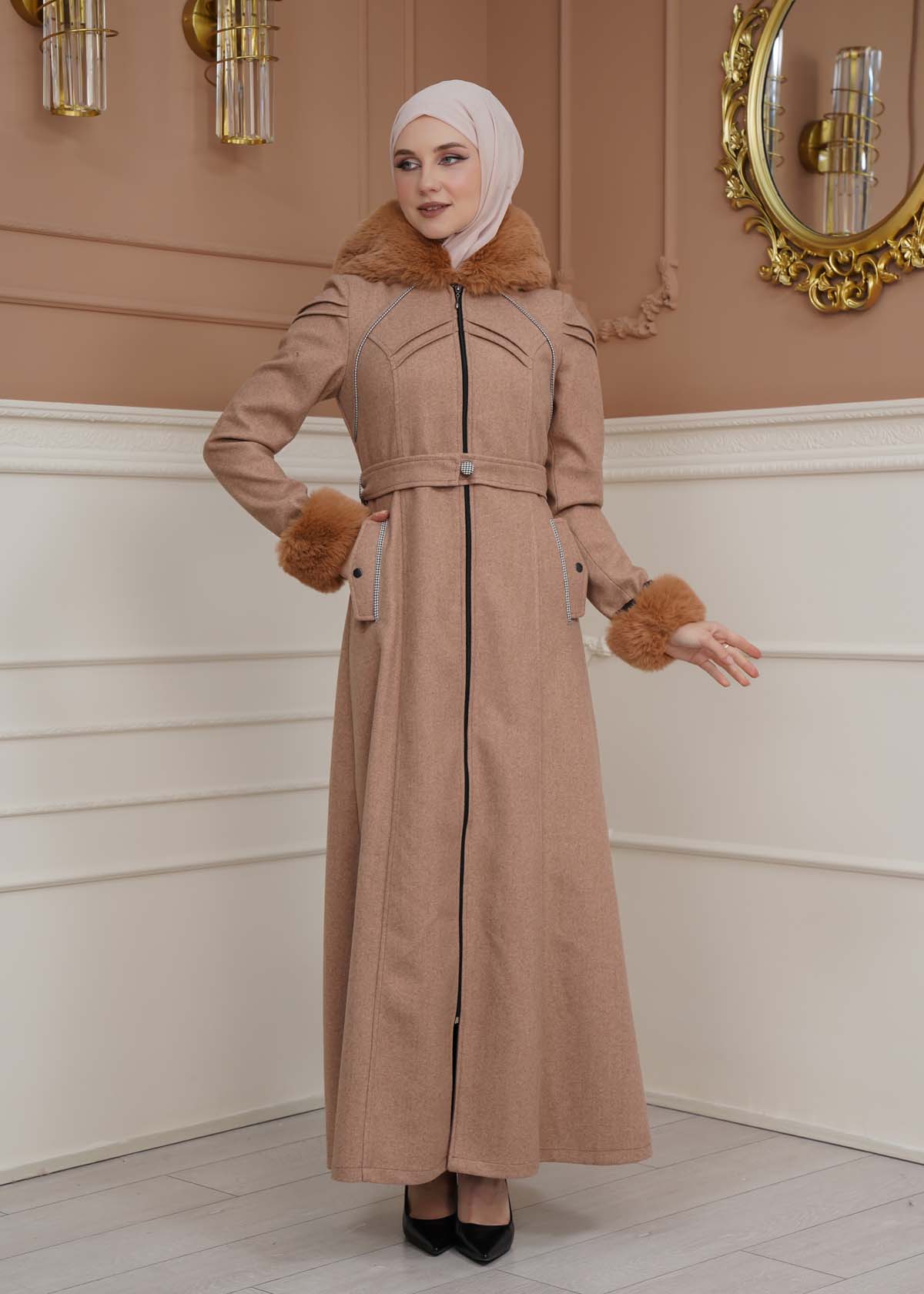 Long Wool Coat with Fur Hood and Fur Sleeves 1356 - light brown