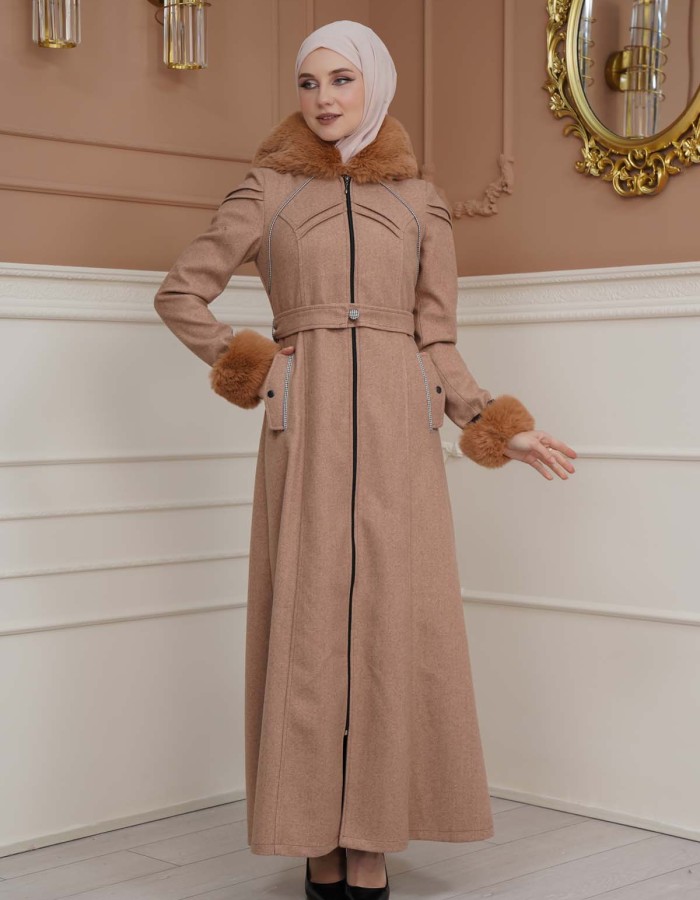 FURRY SLEEVE AND HOOD HIJAB TOPCOAT 1356 Açık kahverengi