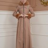 FURRY SLEEVE AND HOOD HIJAB TOPCOAT 1356 Açık kahverengi