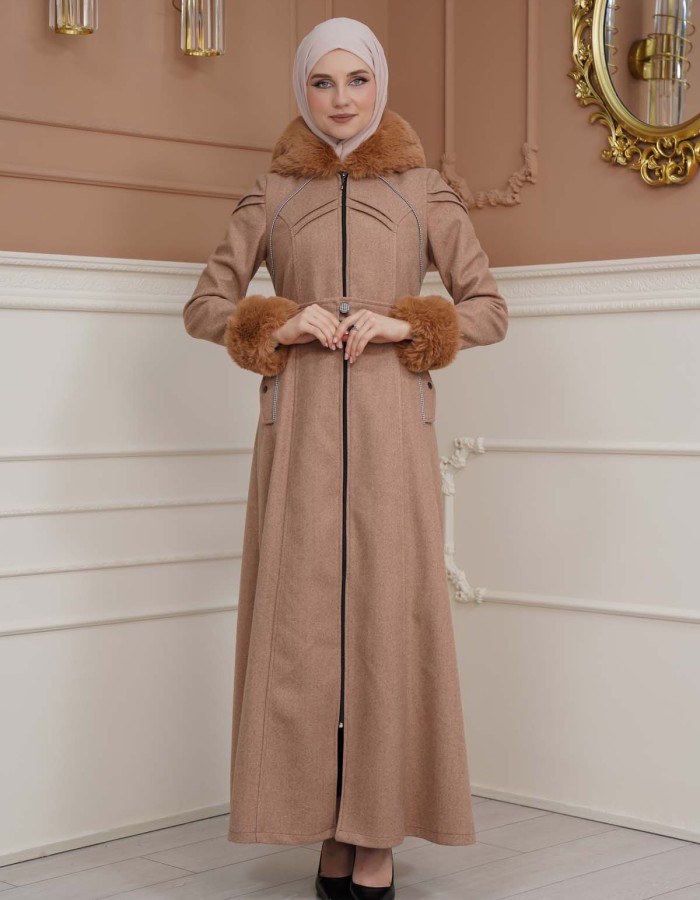 FURRY SLEEVE AND HOOD HIJAB TOPCOAT 1356 Açık kahverengi