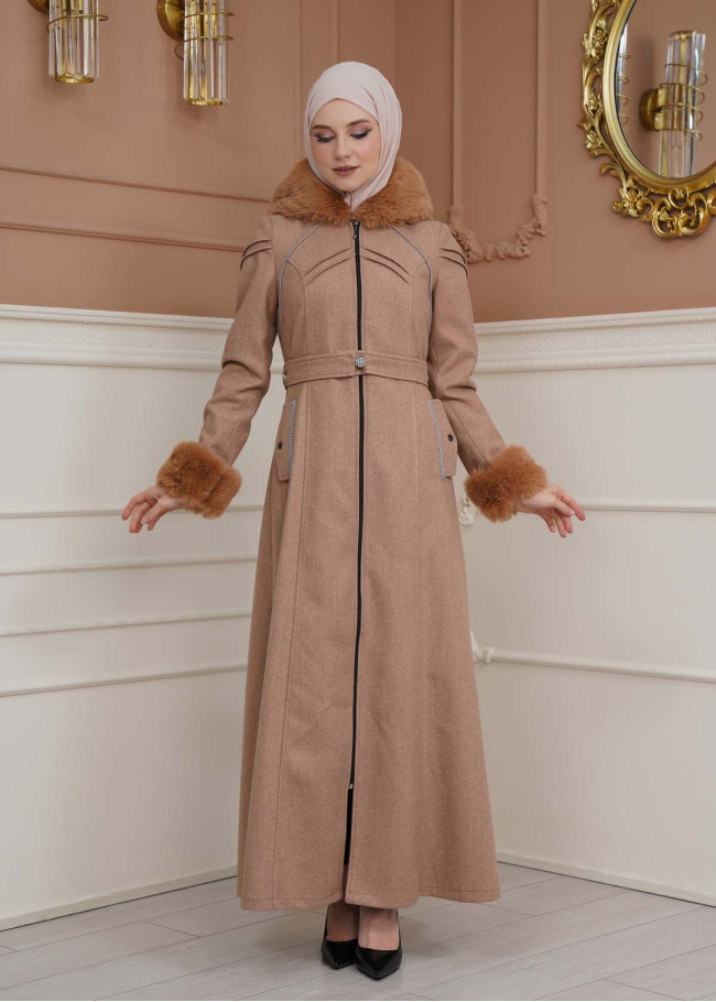 FURRY SLEEVE AND HOOD HIJAB TOPCOAT 1356 Açık kahverengi