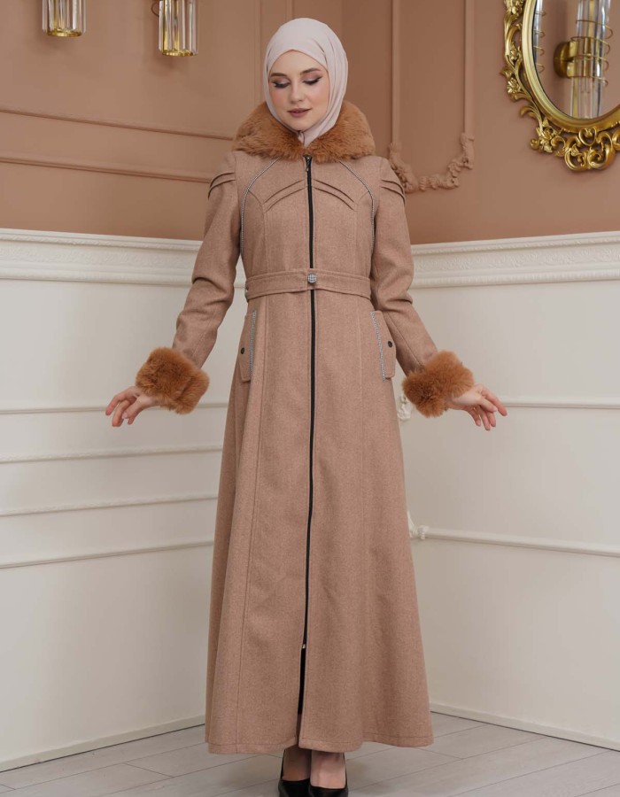 FURRY SLEEVE AND HOOD HIJAB TOPCOAT 1356 Açık kahverengi