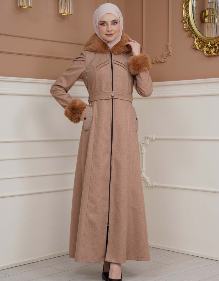 FURRY SLEEVE AND HOOD HIJAB TOPCOAT 1356 Açık kahverengi