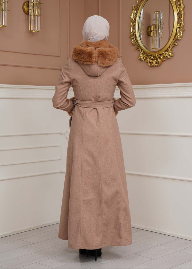 FURRY SLEEVE AND HOOD HIJAB TOPCOAT 1356 Açık kahverengi