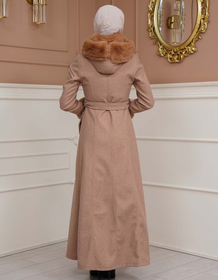 FURRY SLEEVE AND HOOD HIJAB TOPCOAT 1356 Açık kahverengi