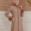FURRY SLEEVE AND HOOD HIJAB TOPCOAT 1356 Açık kahverengi