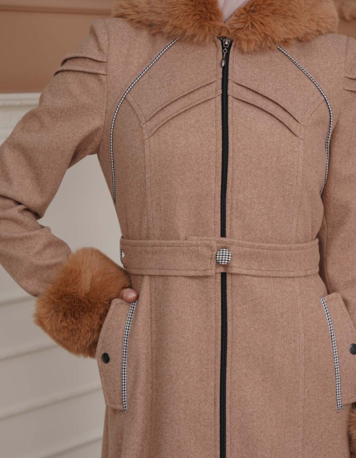 FURRY SLEEVE AND HOOD HIJAB TOPCOAT 1356 Açık kahverengi