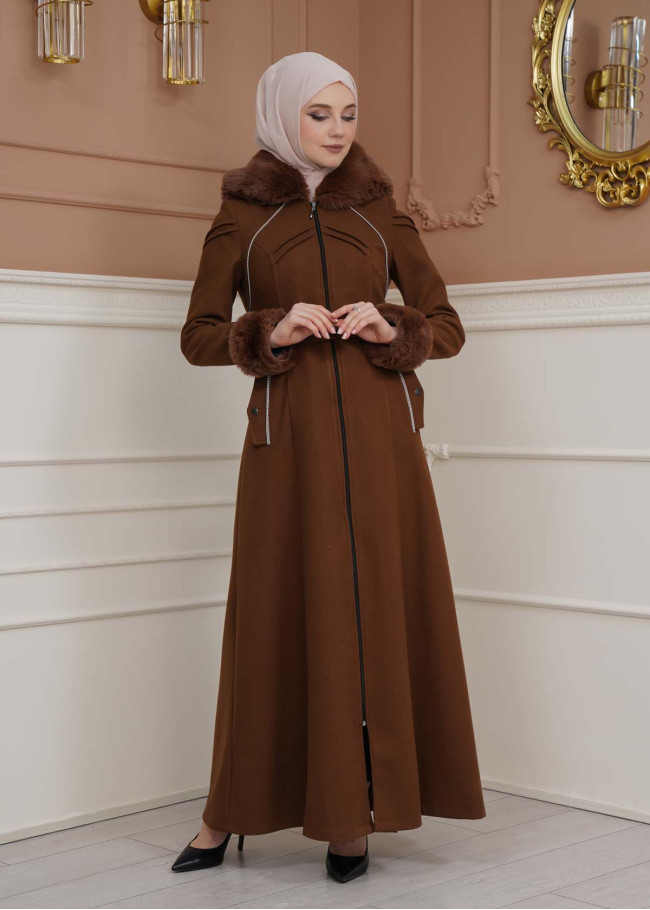 FURRY SLEEVE AND HOOD HIJAB TOPCOAT 1356 Kahverengi