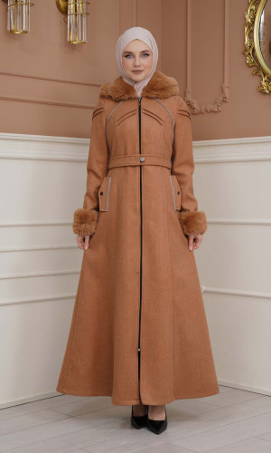 FURRY SLEEVE AND HOOD HIJAB TOPCOAT 1356 - Tabak