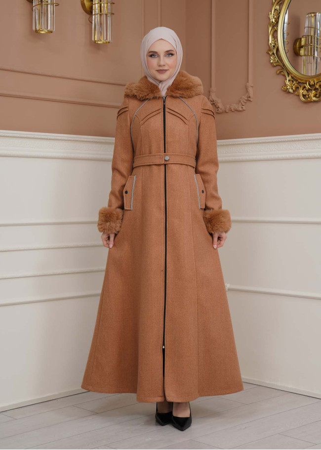 FURRY SLEEVE AND HOOD HIJAB TOPCOAT 1356 taba